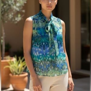 Adiva Sleeveless Bow Tie Blouse Blue Green Sheer Printed Top Size M